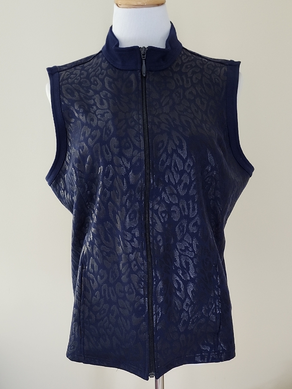 Chico's Weekends Zip-Front Vest Navy With Shimmer Animal Print Large (Size 2)